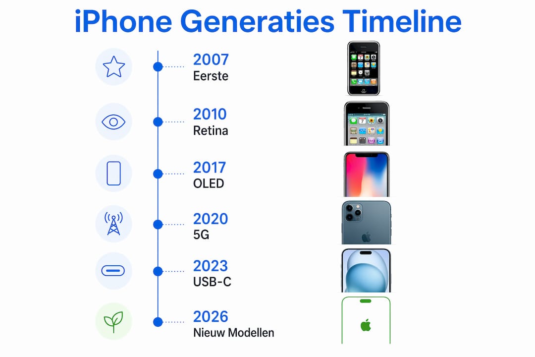 Overzichtelijke infographic met de iPhone-generaties en hun belangrijkste vernieuwingen