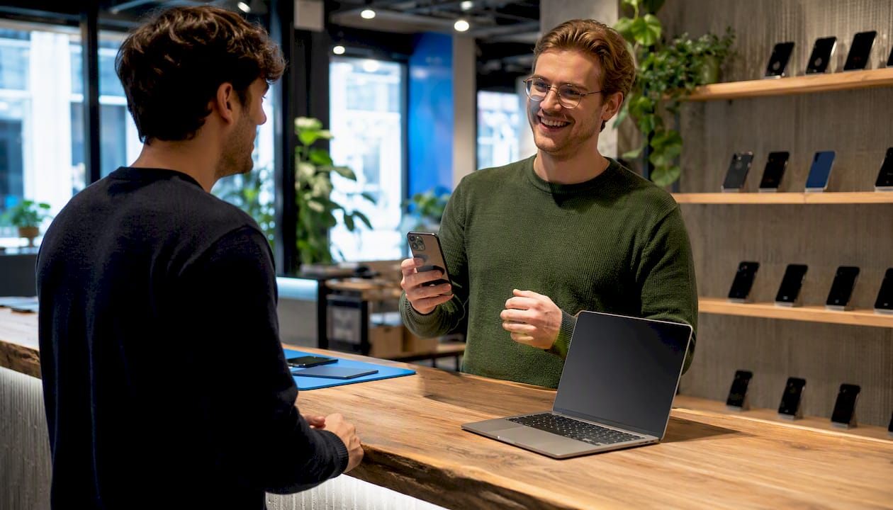 Een medewerker adviseert een klant in een winkel gespecialiseerd in refurbished Apple producten.