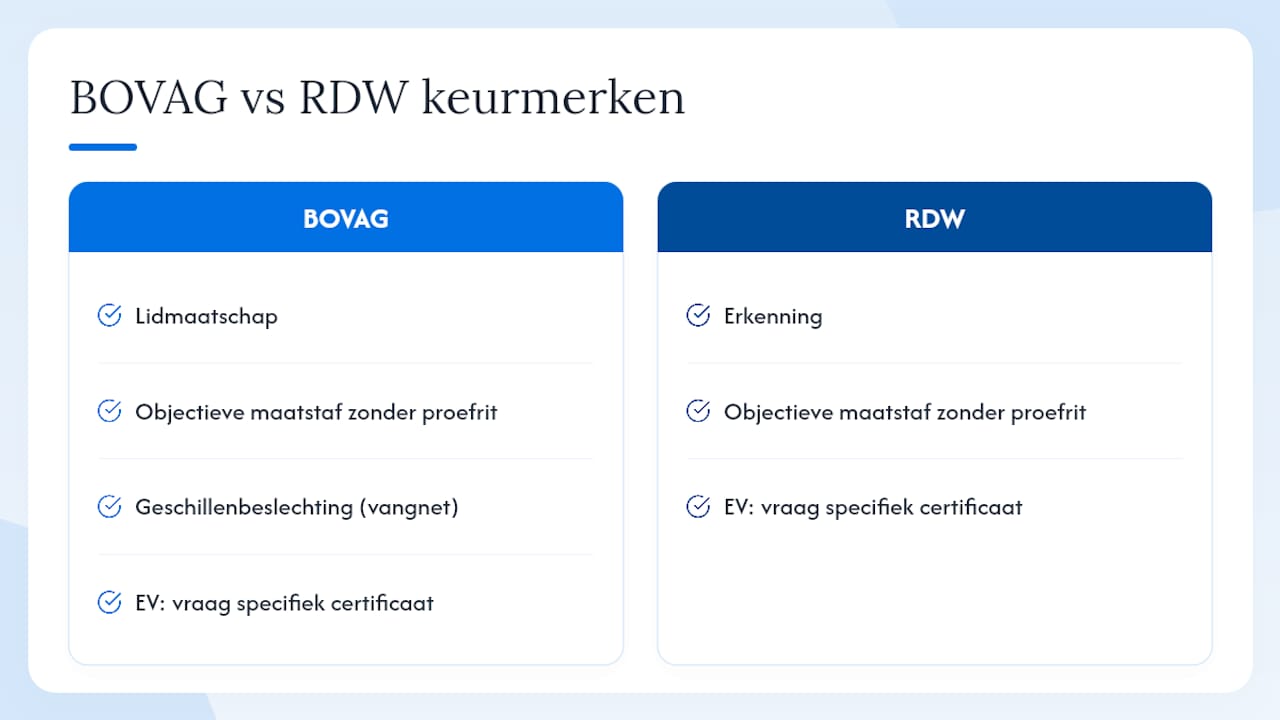 Verschillen tussen BOVAG- en RDW-erkenningen bij autobedrijven