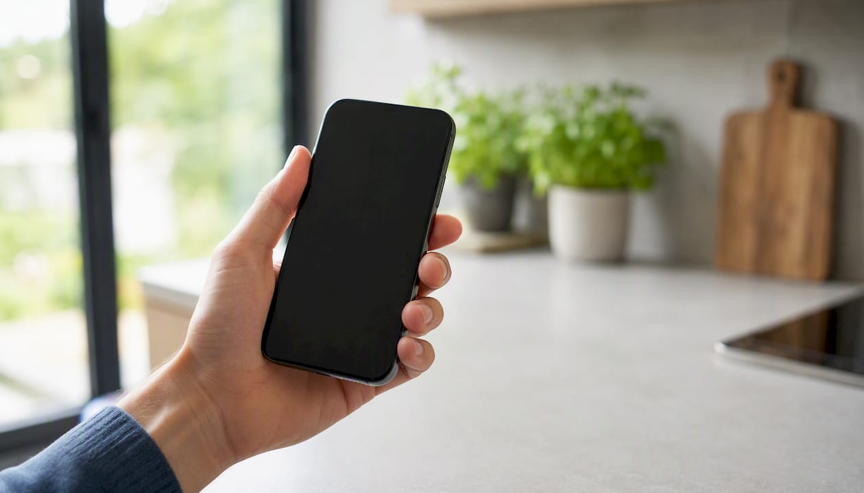 Een hand houdt een iPhone vast waarvan het scherm is uitgeschakeld.