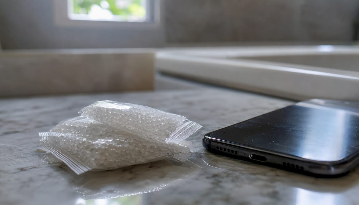 Plaats een zakje silicagel bij de rand van je smartphone
