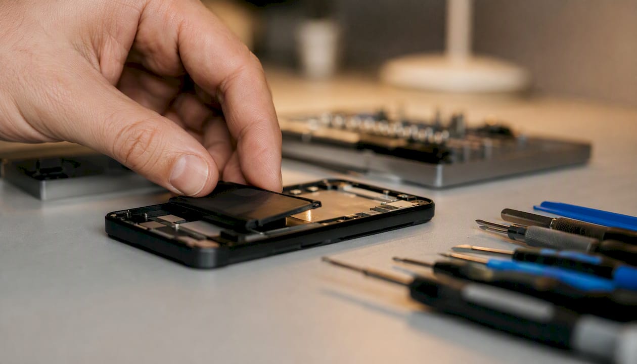 Een hand die de batterij van een smartphone vervangt