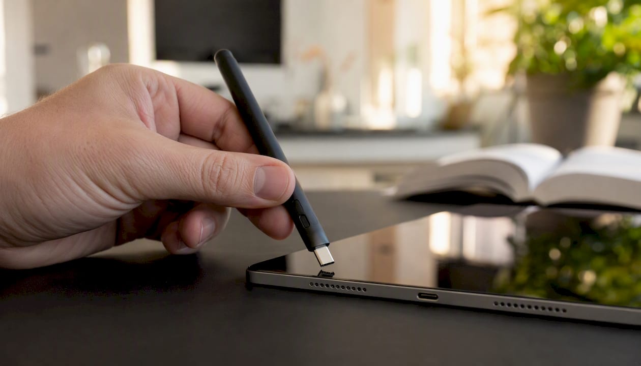 Een hand houdt een USB-C stylus vlak bij de oplaadpoort van een tablet.