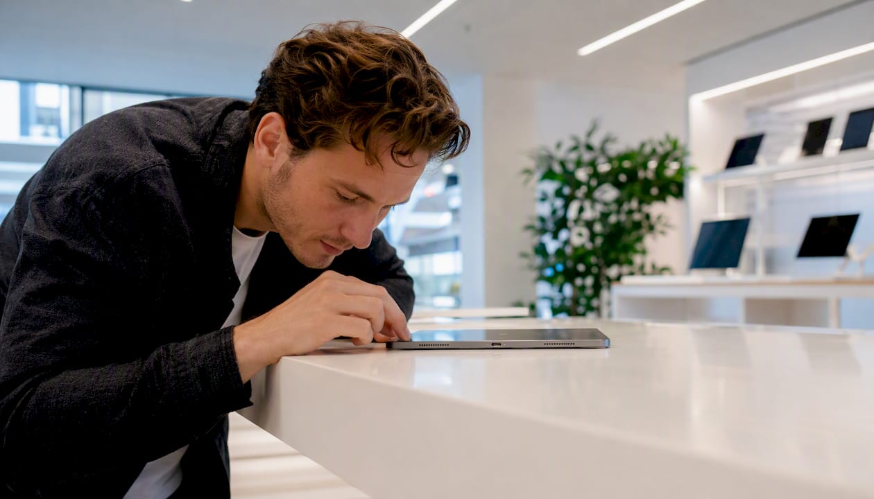 Een klant bekijkt een tablet van dichtbij in de winkel en voelt aan het scherm en de knoppen om te zien hoe het apparaat werkt.