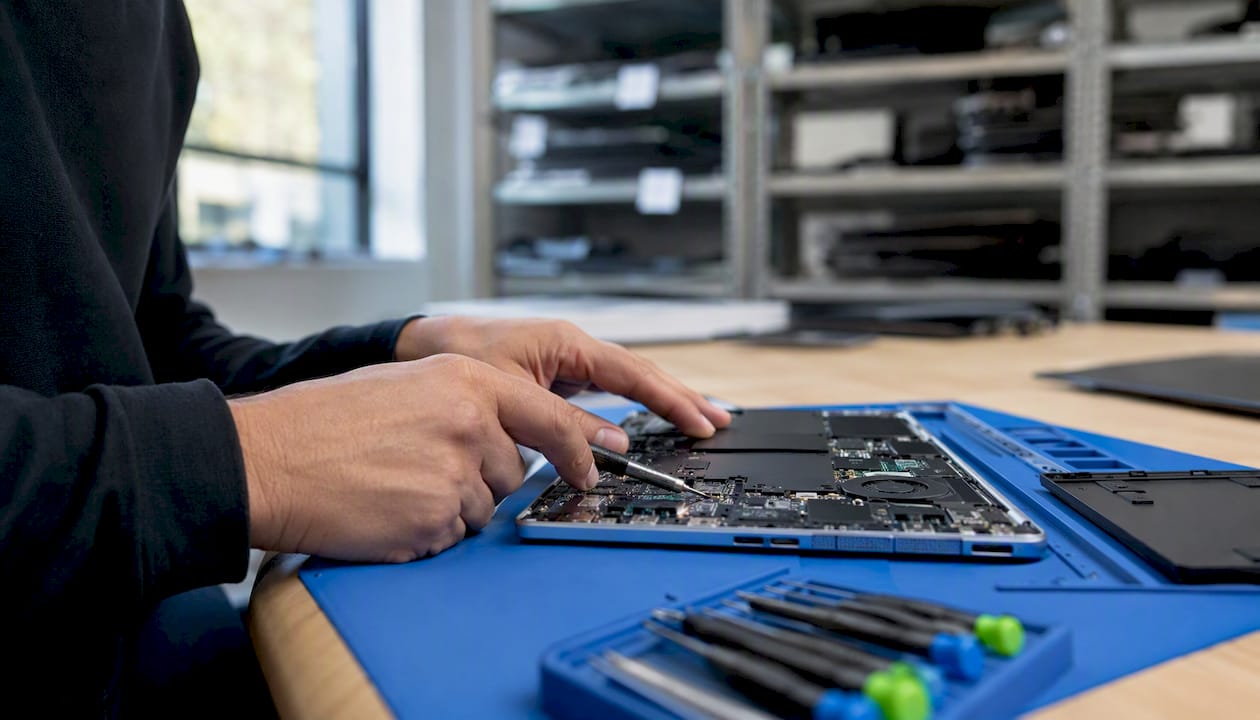 Een technicus bekijkt zorgvuldig de binnenkant van een laptop om eventuele problemen op te sporen.