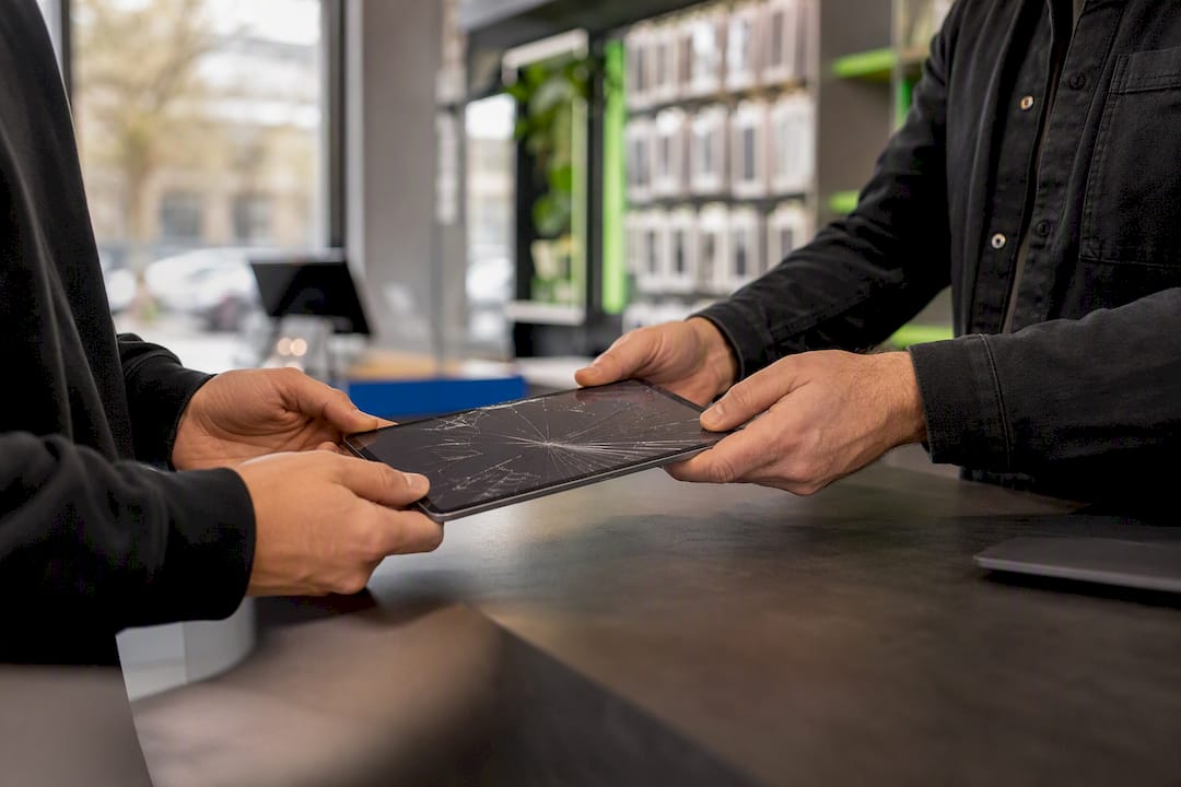 Een klant overhandigt een beschadigde iPad aan de balie van de winkel.