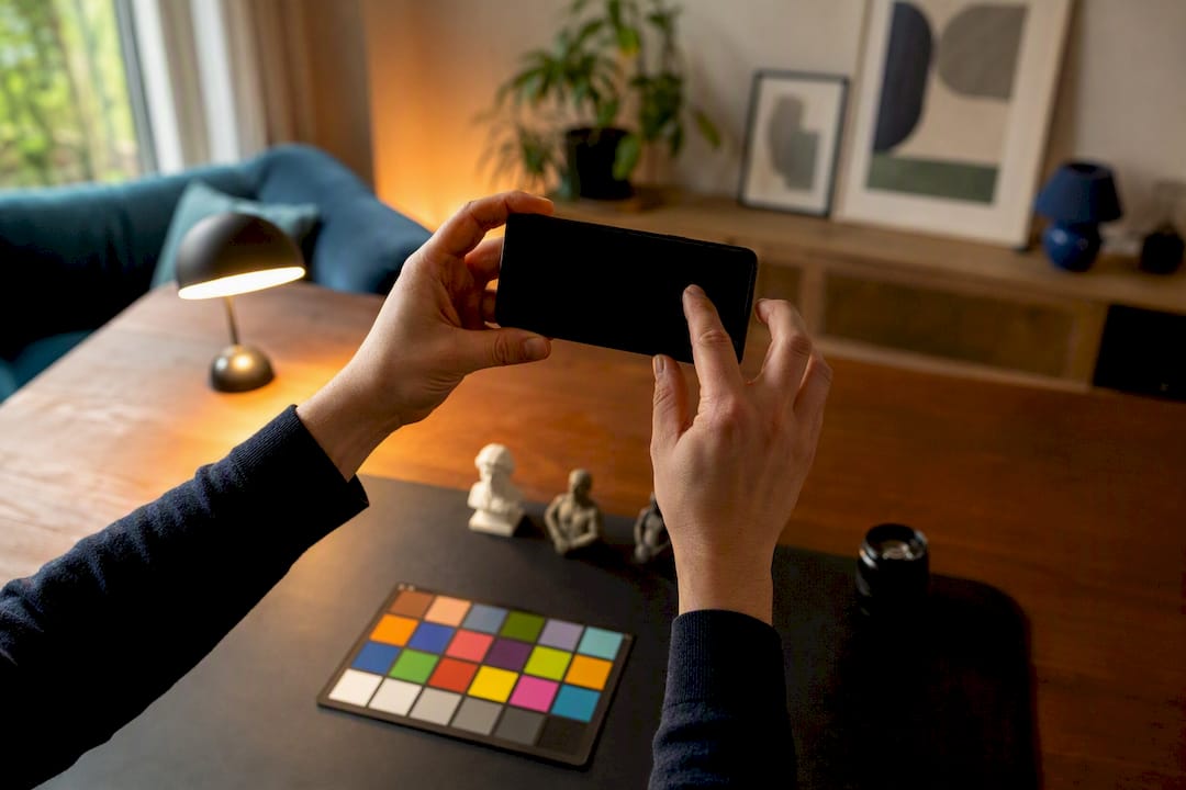 Een paar handen die de camera-instellingen op een smartphone aanpassen