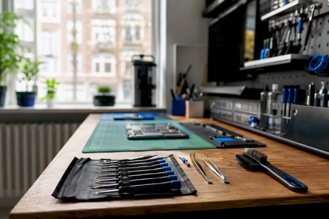Reparatiegereedschap netjes geordend op de werkbank