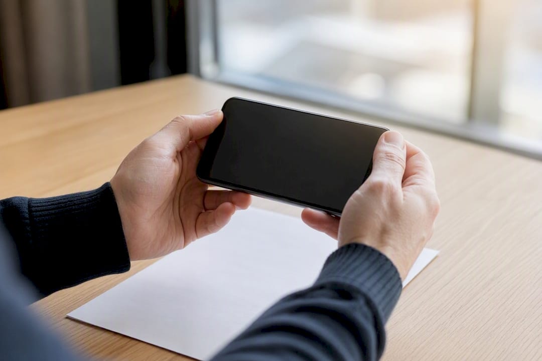Handen houden smartphone boven lege factuur