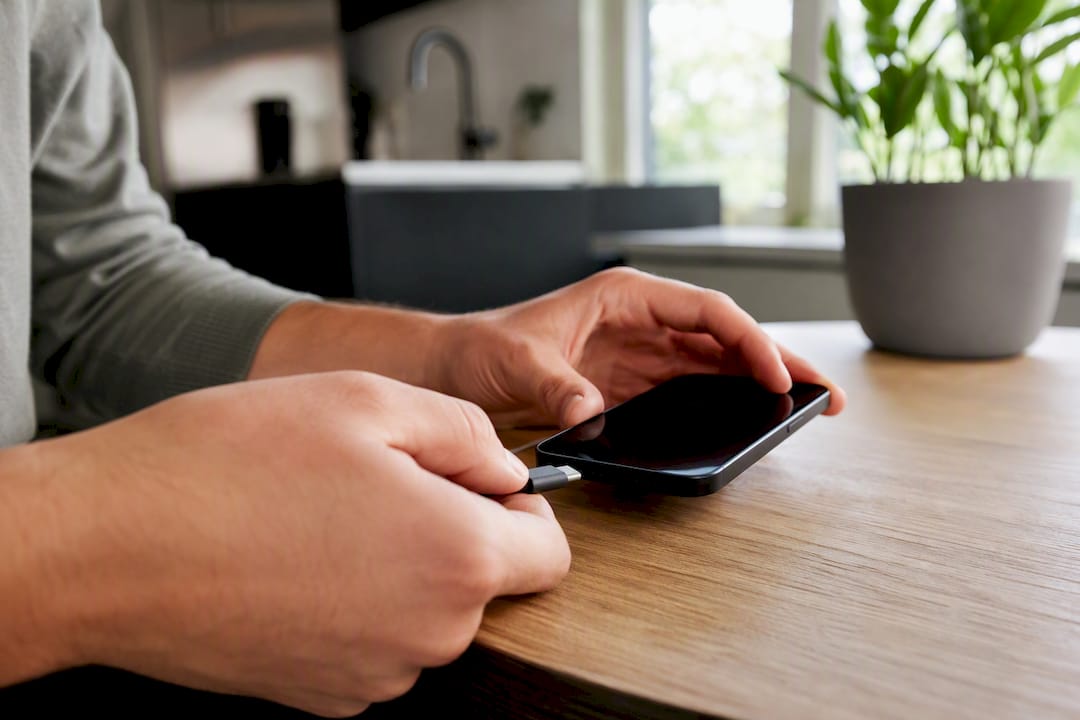 Handen steken een kabel in een smartphone