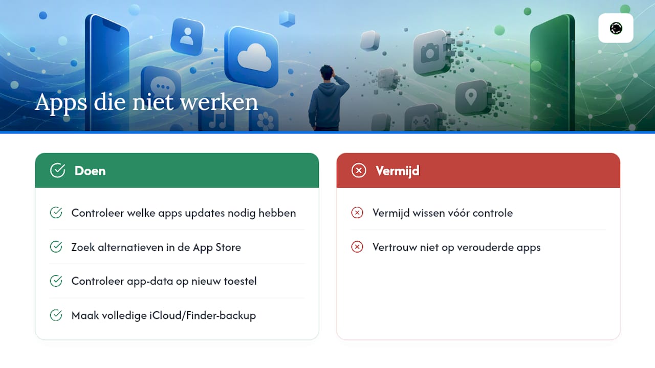 Wat gebeurt er met apps die niet meer werken op je nieuwe toestel — overview diagram
