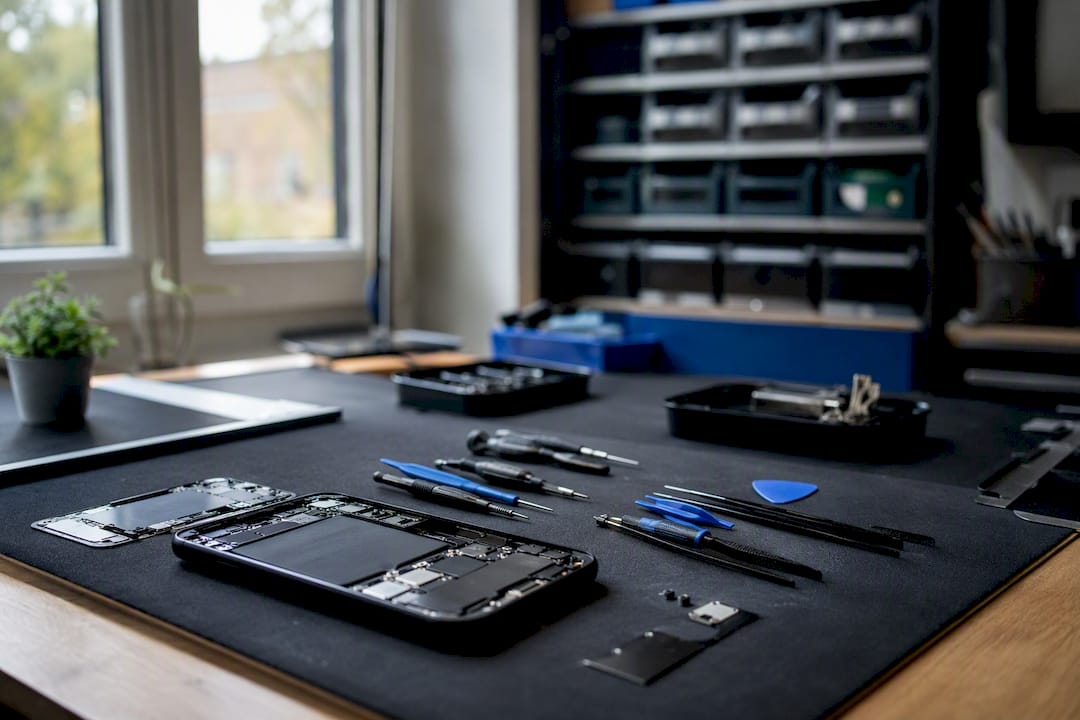 Gereedschap voor smartphone reparatie en telefoononderdelen op werkbank