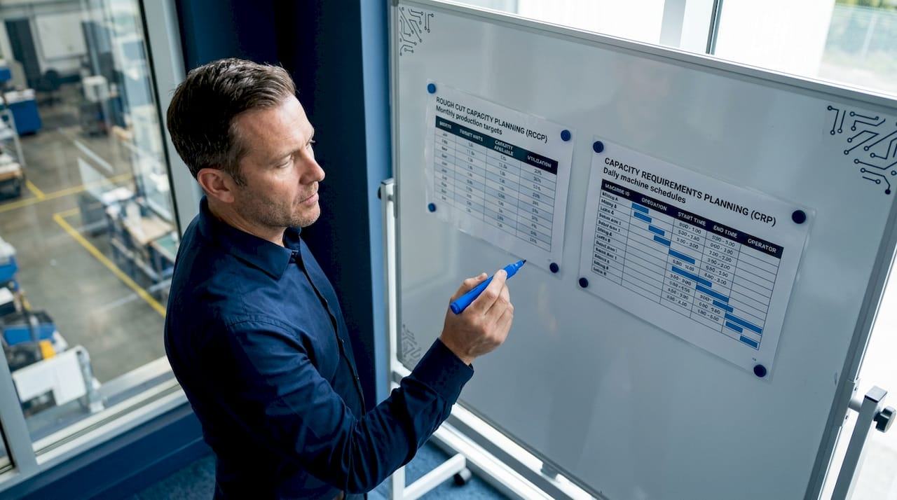 Manager comparing RCCP and CRP charts in factory office