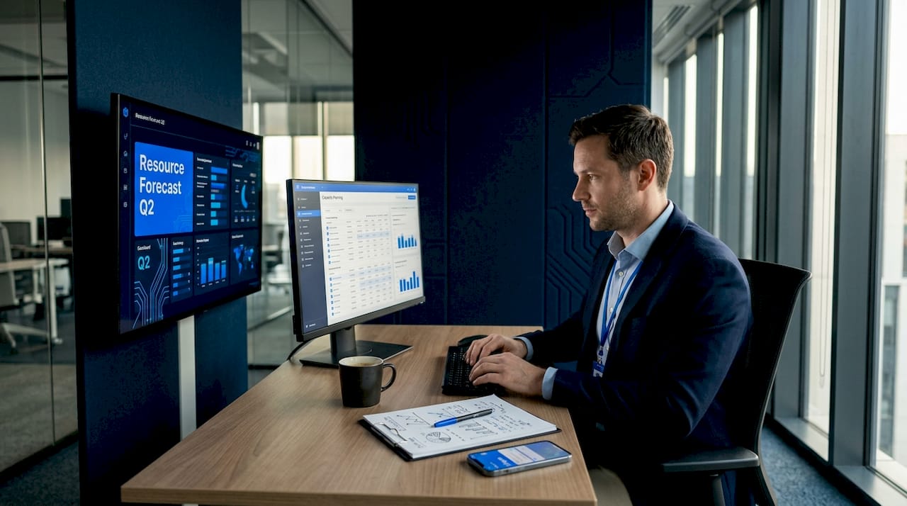 Analyst using capacity planning software at desk