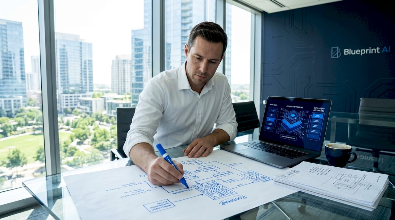 Architect drawing scalable roadmap in office