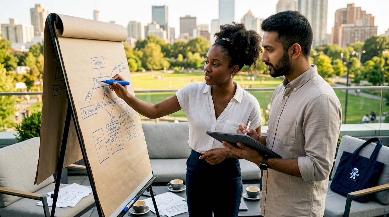Co-founders discussing system architecture decisions