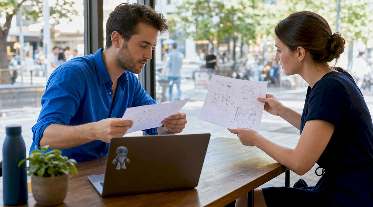 Hands exchanging design specs in software team handoff