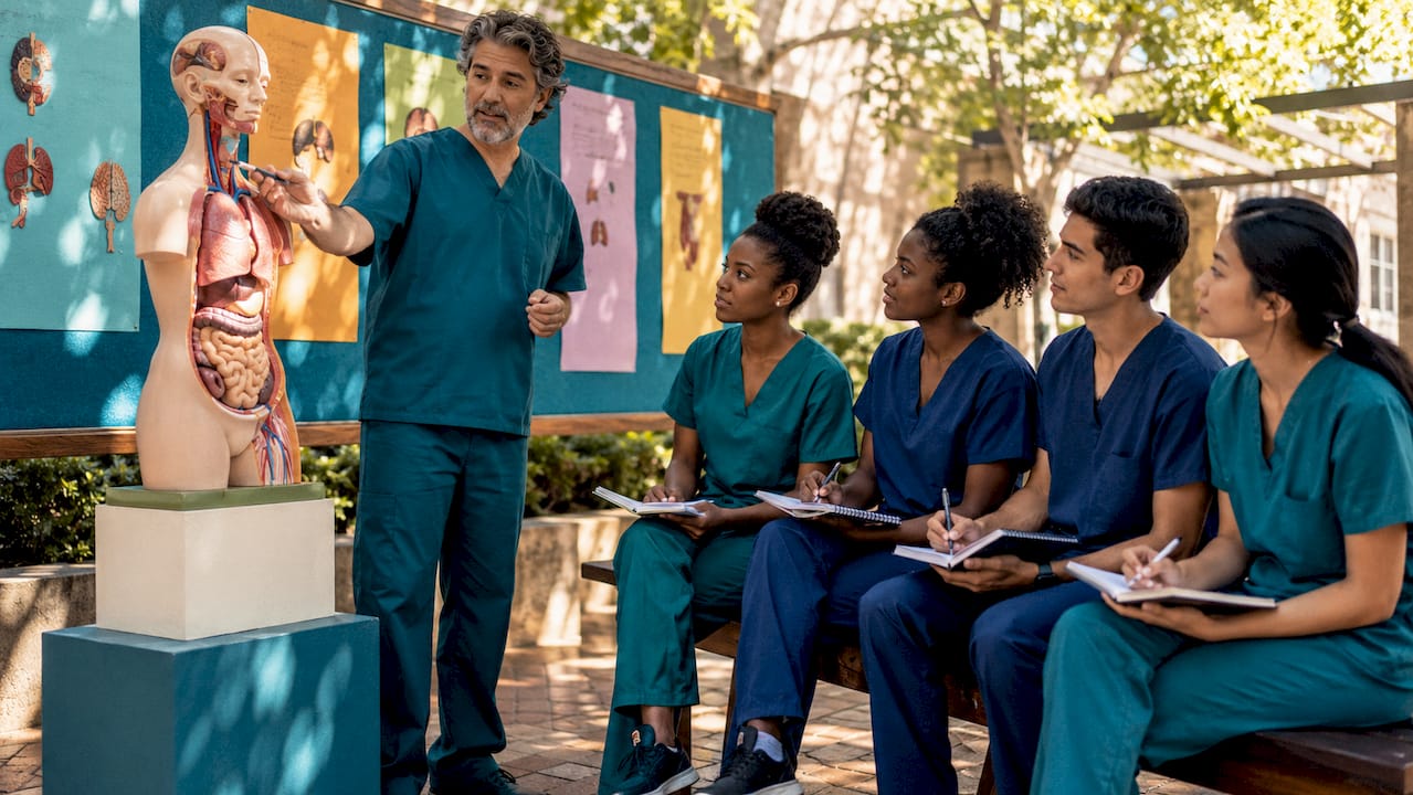 Medical instructor teaching Latin anatomy terms