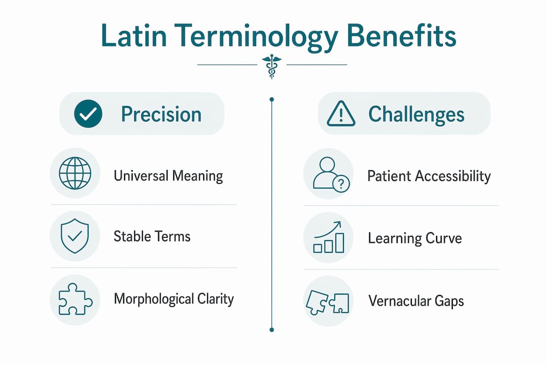 Infographic comparing benefits and challenges of Latin terminology