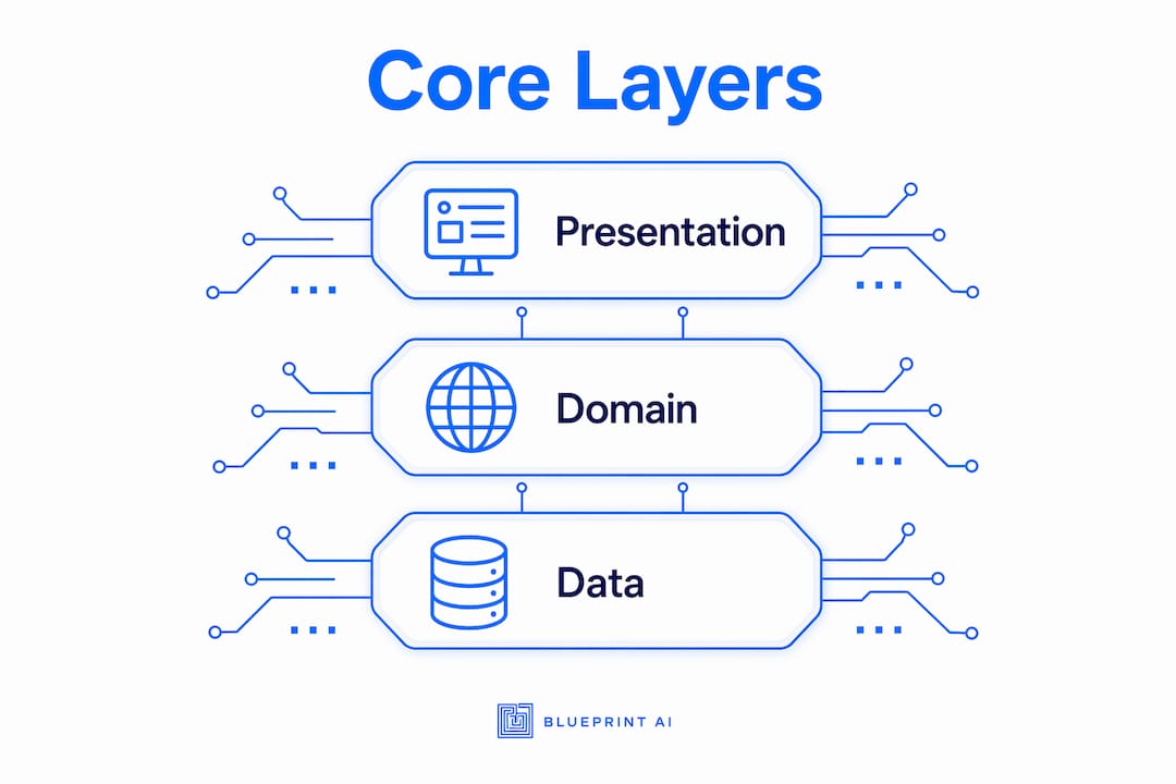 Infographic showing core mobile app architecture layers