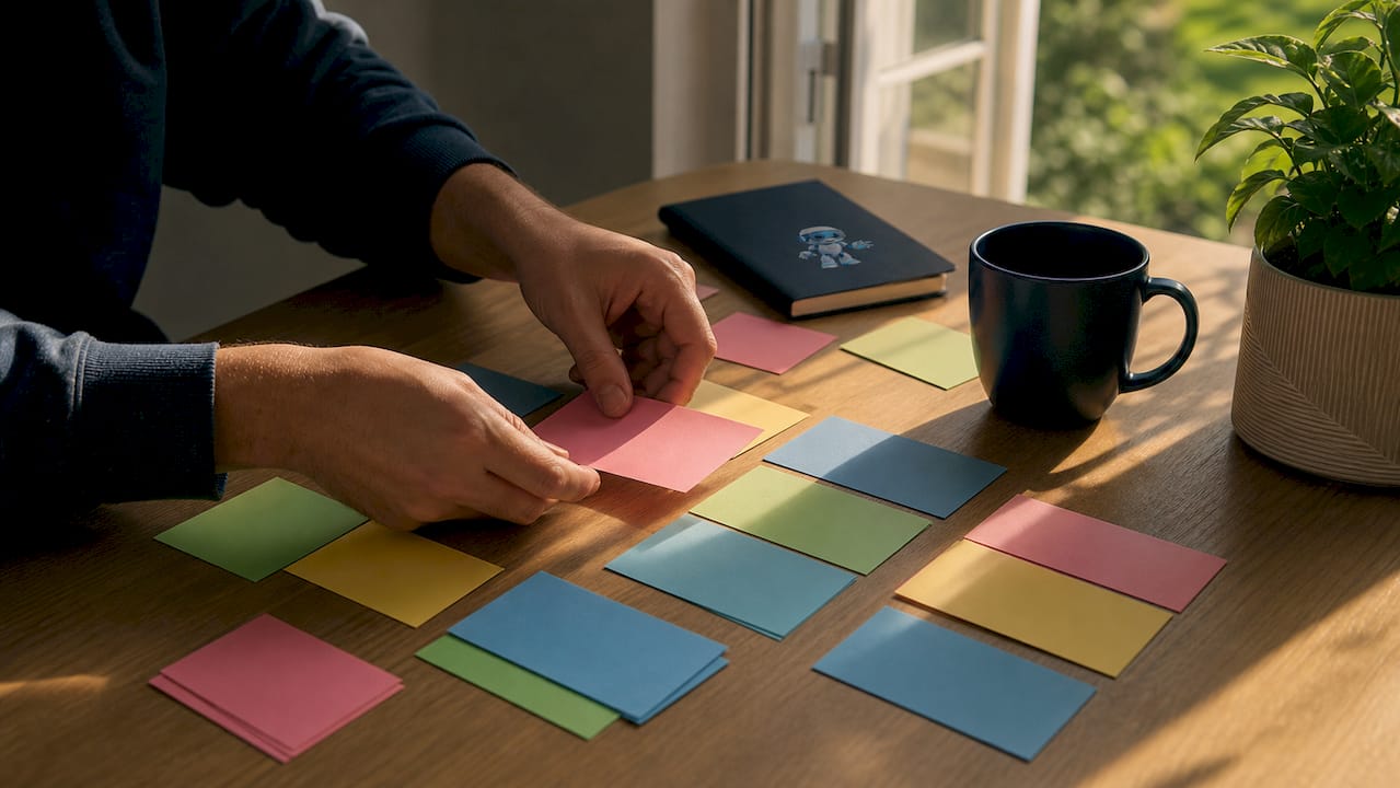Hands organizing software task cards for bottom-up
