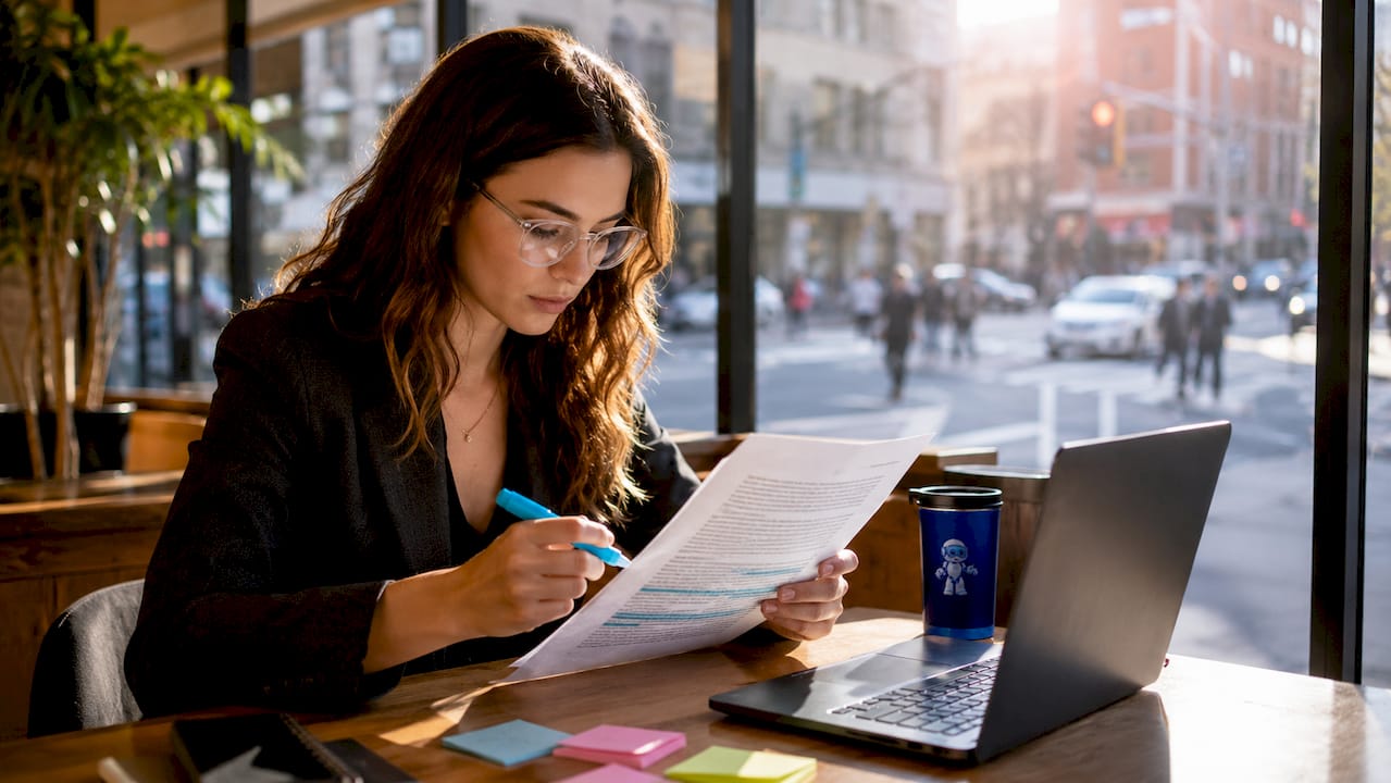 Business analyst reviewing software licensing document