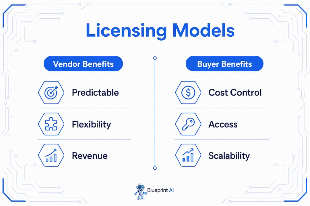 Infographic comparing vendor and buyer benefits of software licenses