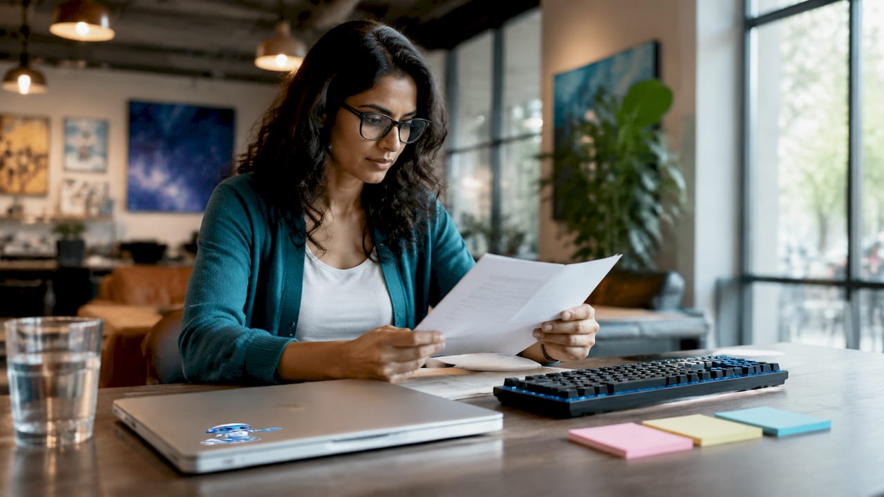 Woman reviewing software design principles at desk