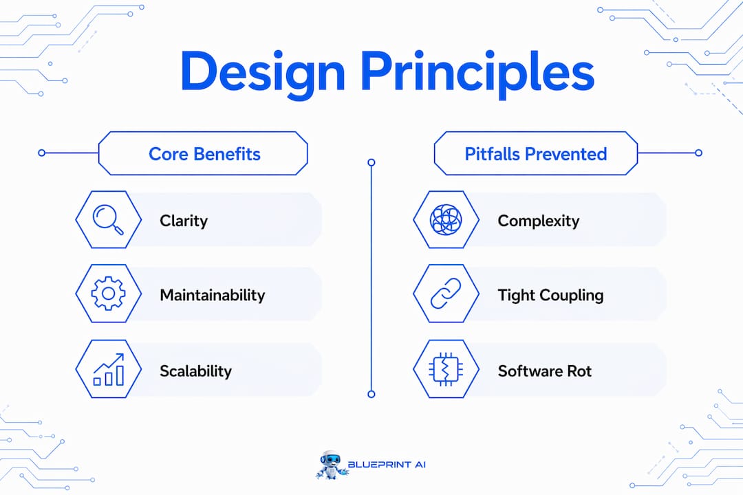 Infographic comparing design principles benefits and pitfalls