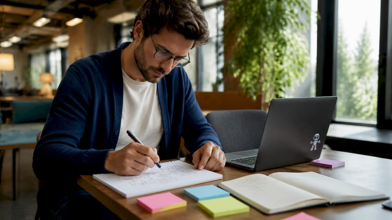 Software architect sketching system design at desk