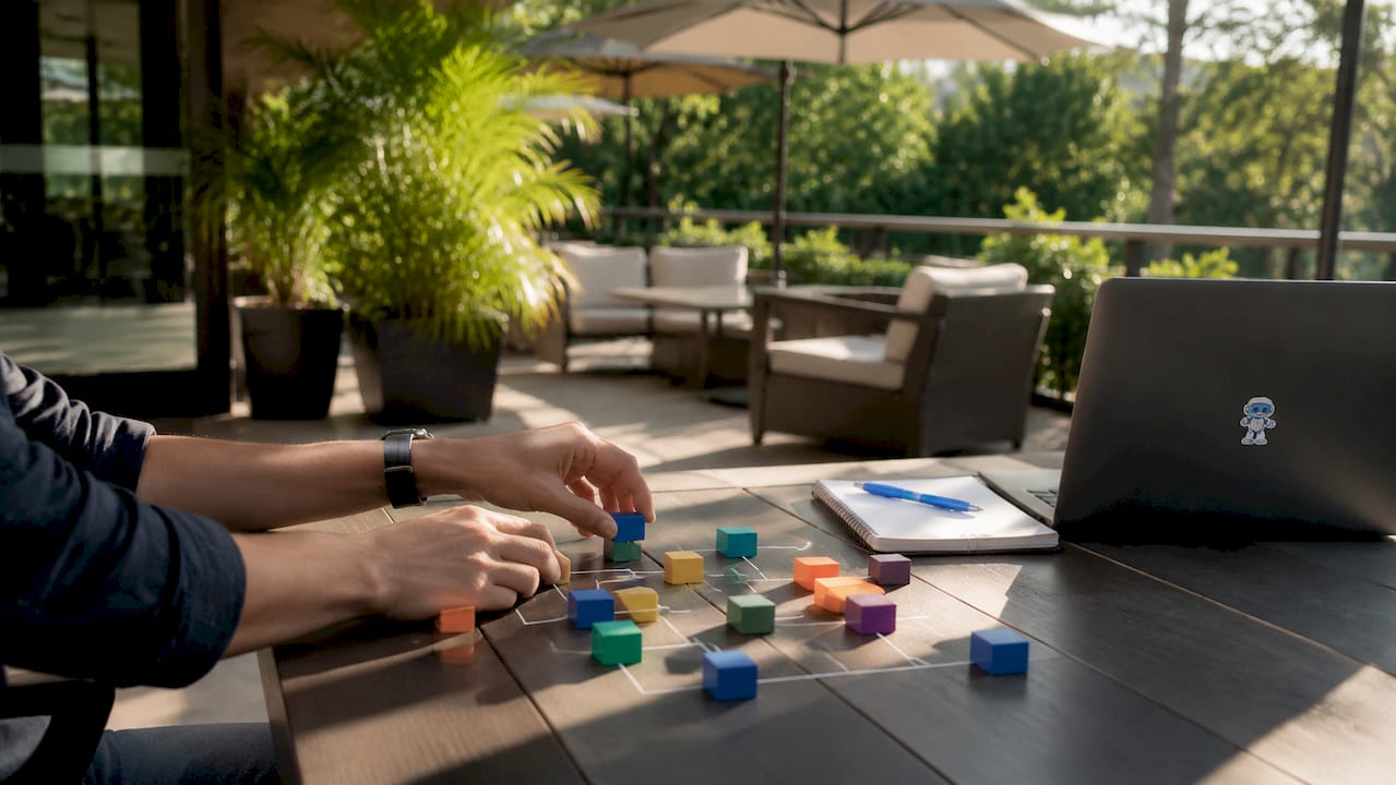 Hands arranging blocks as software components model