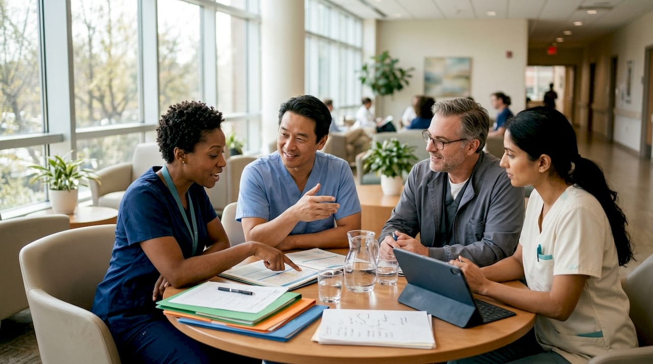 Healthcare team reviewing symptom coordination