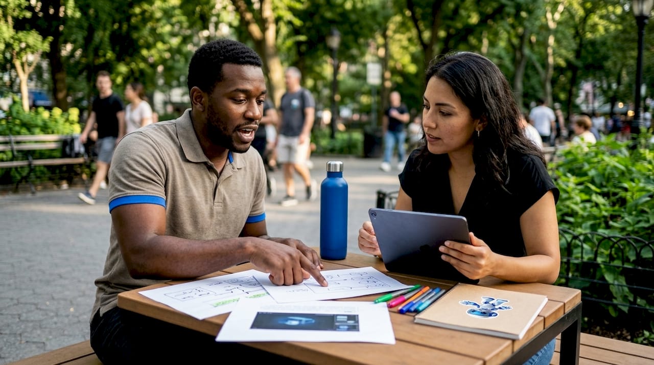 Two engineers discussing architecture diagrams