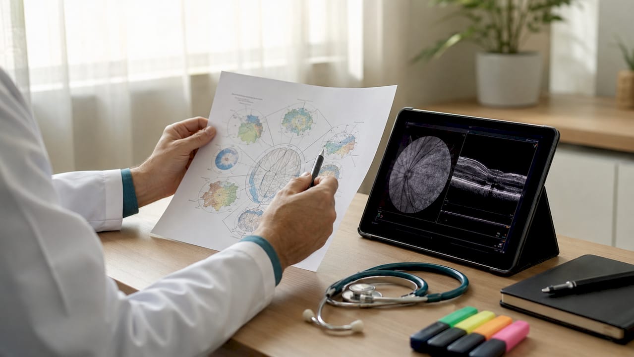 Doctor hands holding tablet with symptom mapping diagram