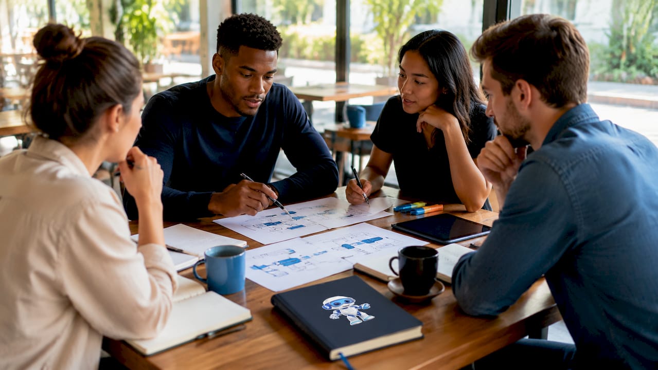 Team discussing event-driven architecture flowcharts