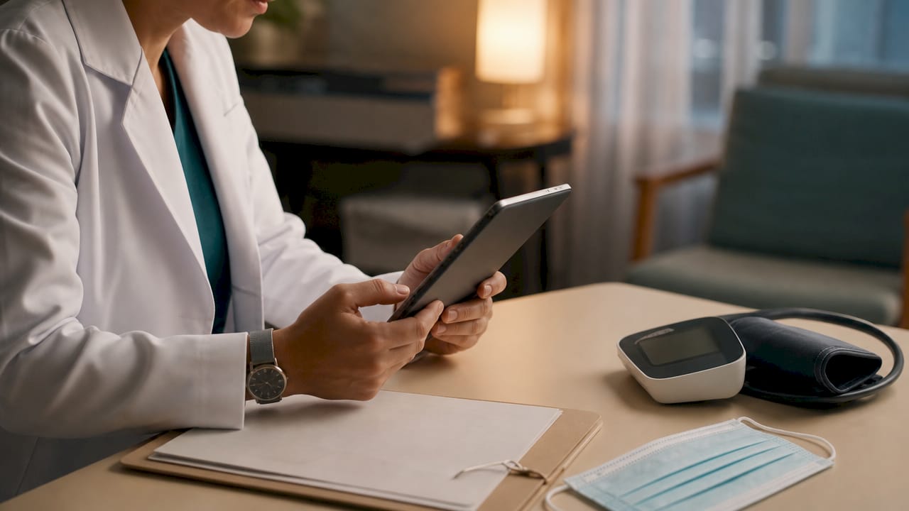 Healthcare professional handling tablet in clinic