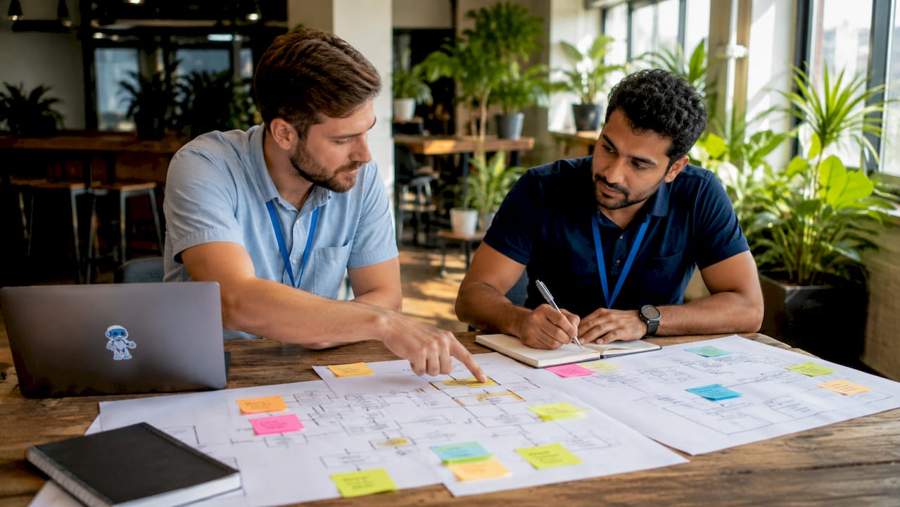 Two engineers discussing microservices API diagrams