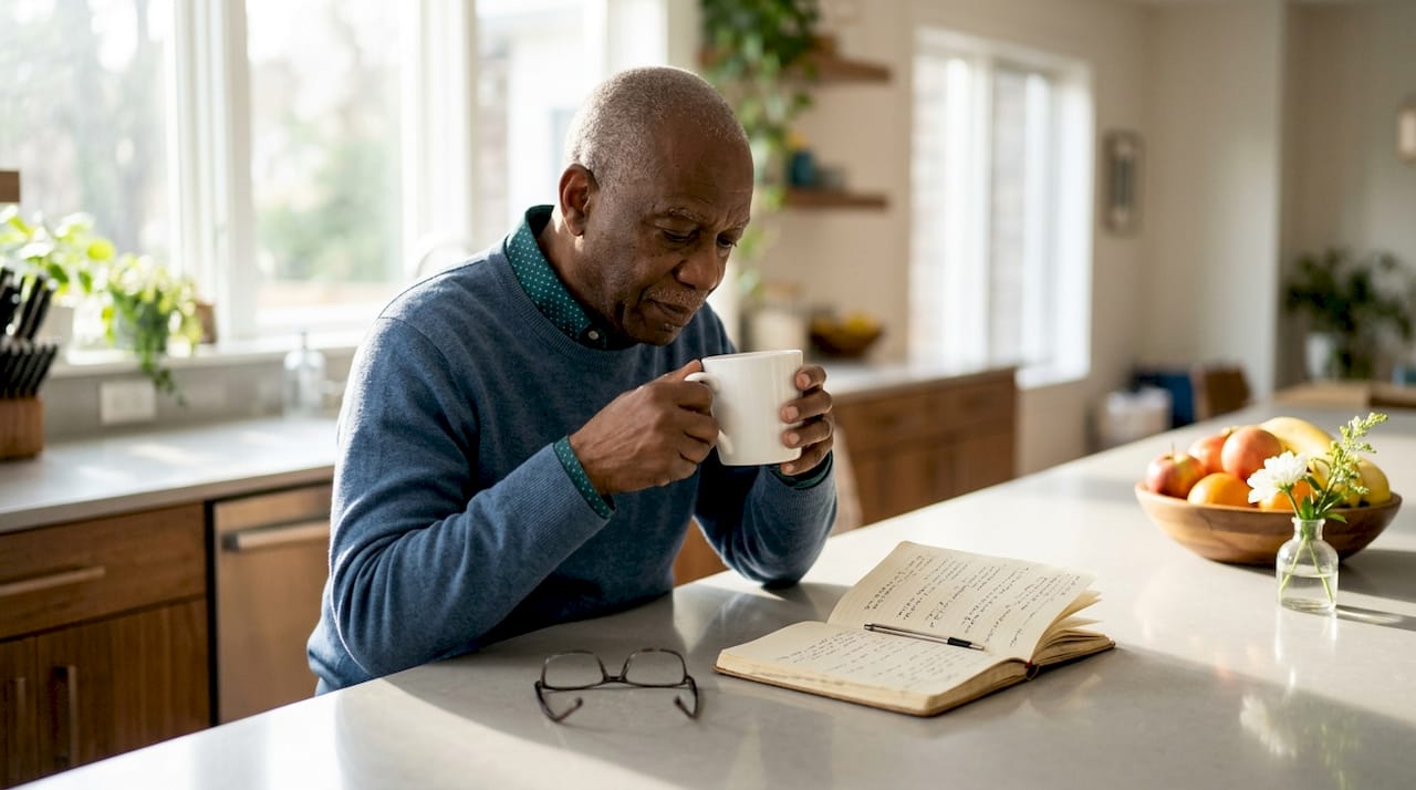 Hands with tea mug and symptom journal on table