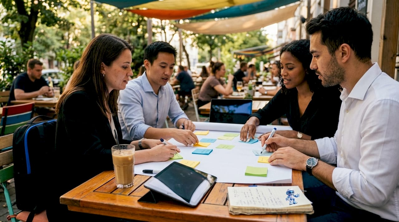 Team hands arranging sticky notes in planning session