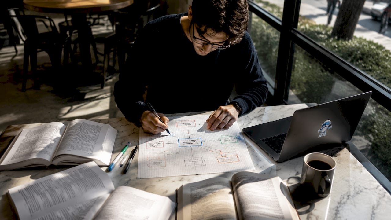 Student sketching system design diagram at table
