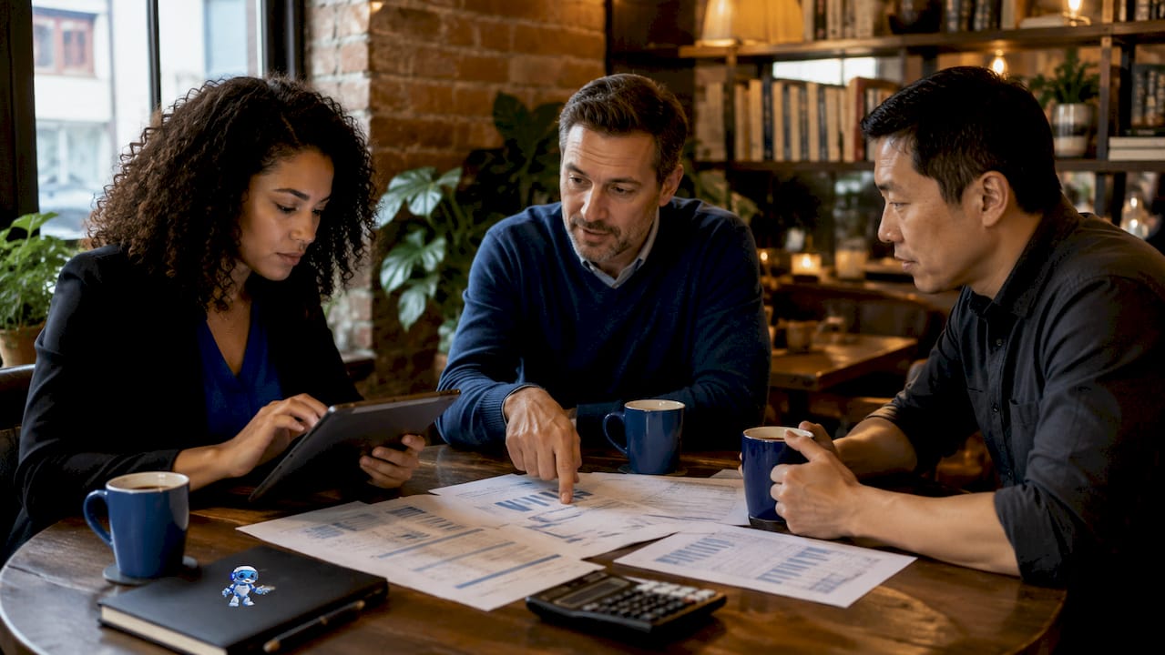 Team discussing construction project costs in meeting room