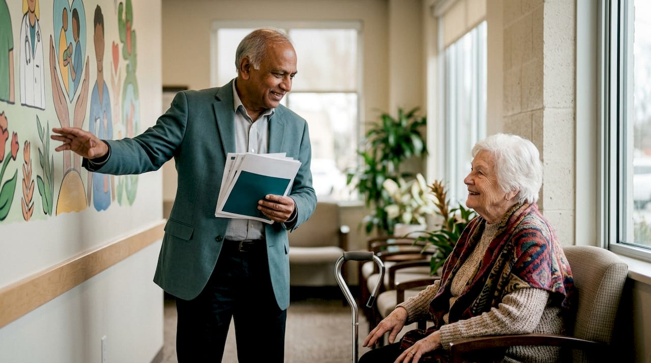 Community health navigator guiding elderly patient in clinic hallway