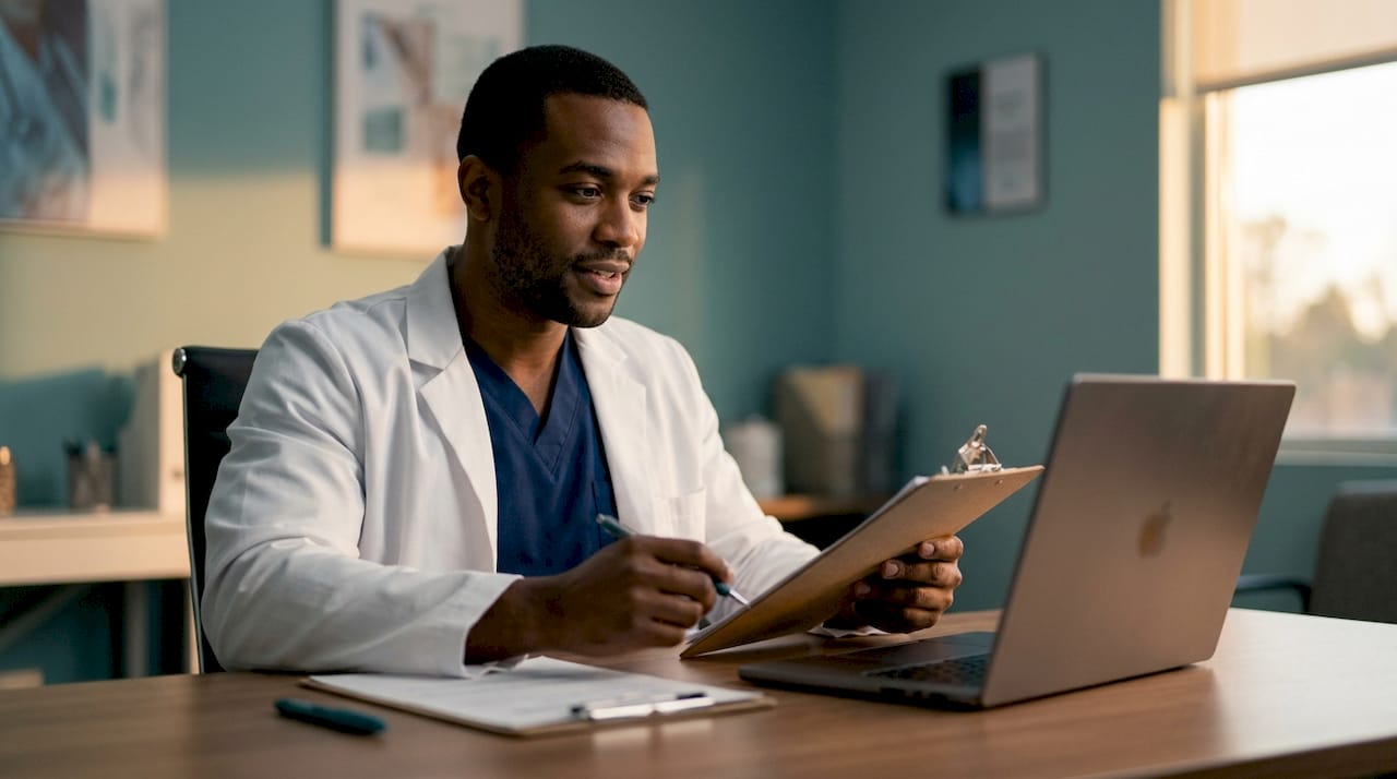 Healthcare professional reviewing AI symptom triage
