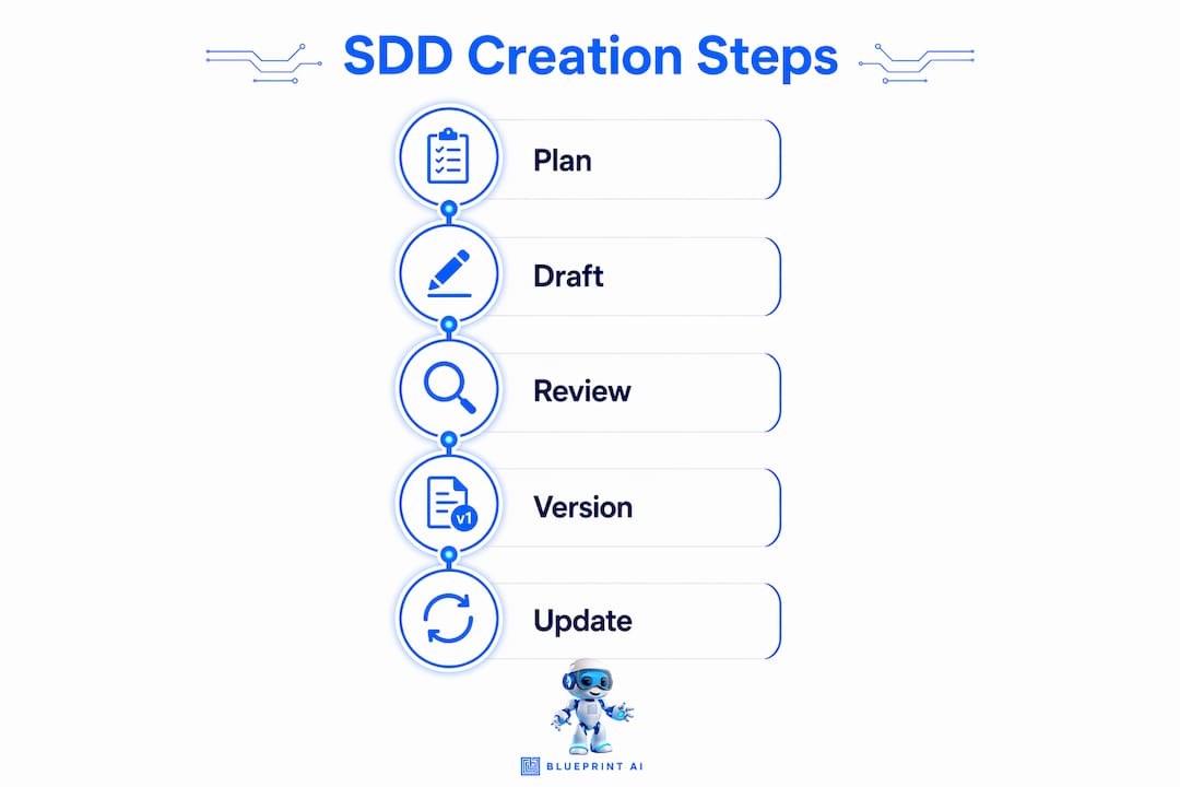 Infographic illustrating software design documentation steps