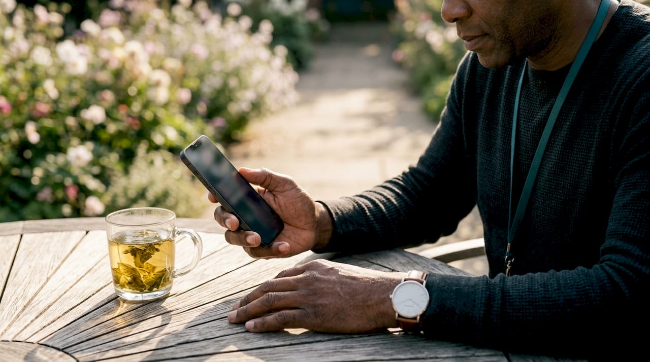 Close-up hands holding smartphone in café