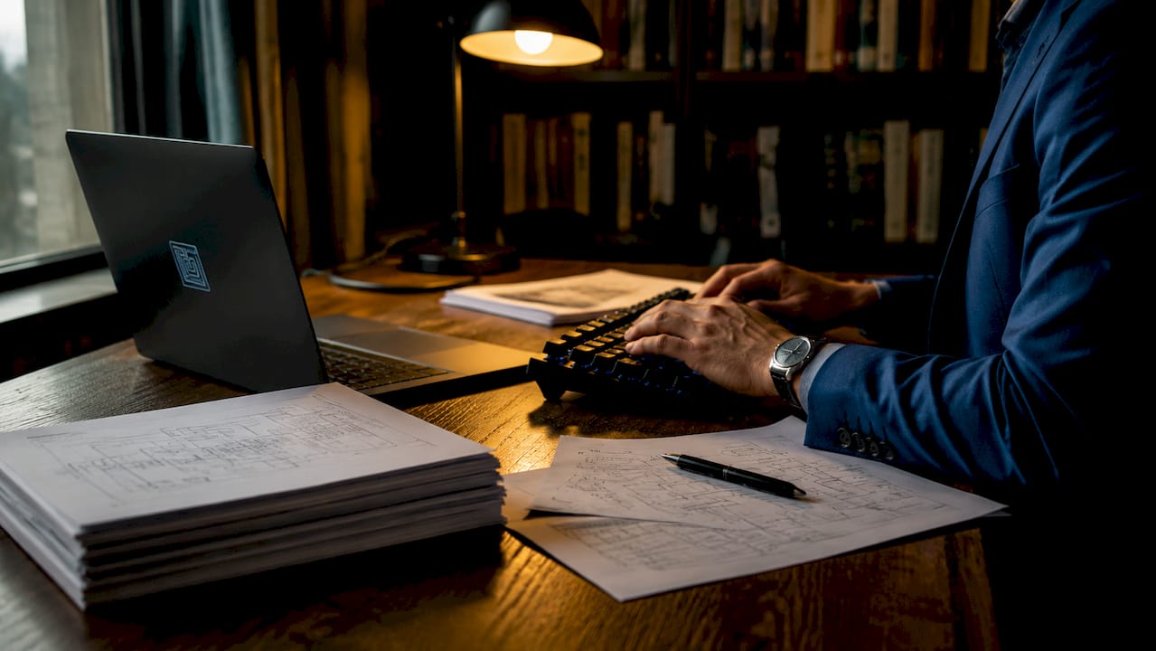 Close-up of investor reviewing architecture documents