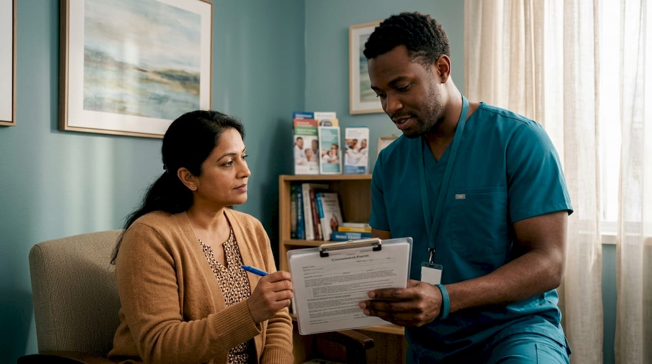 Nurse explaining digital consent to patient in clinic