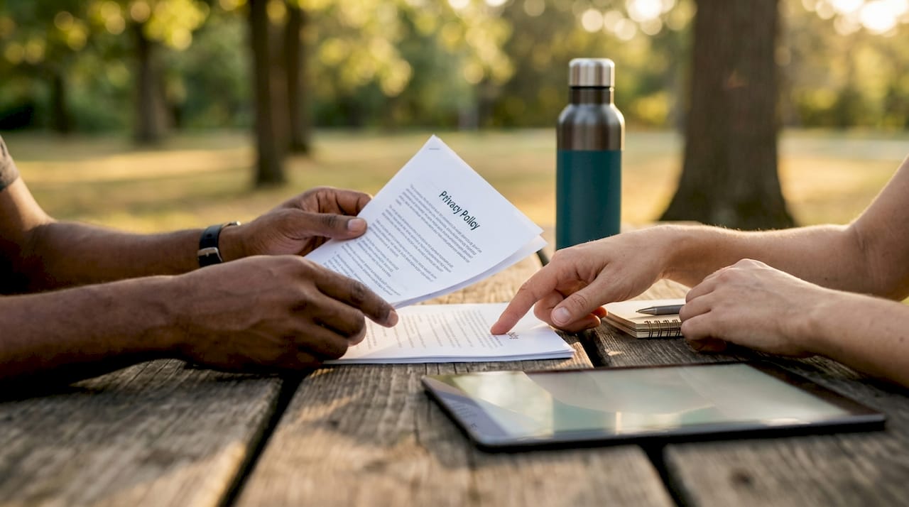 Hands reviewing health platform privacy information