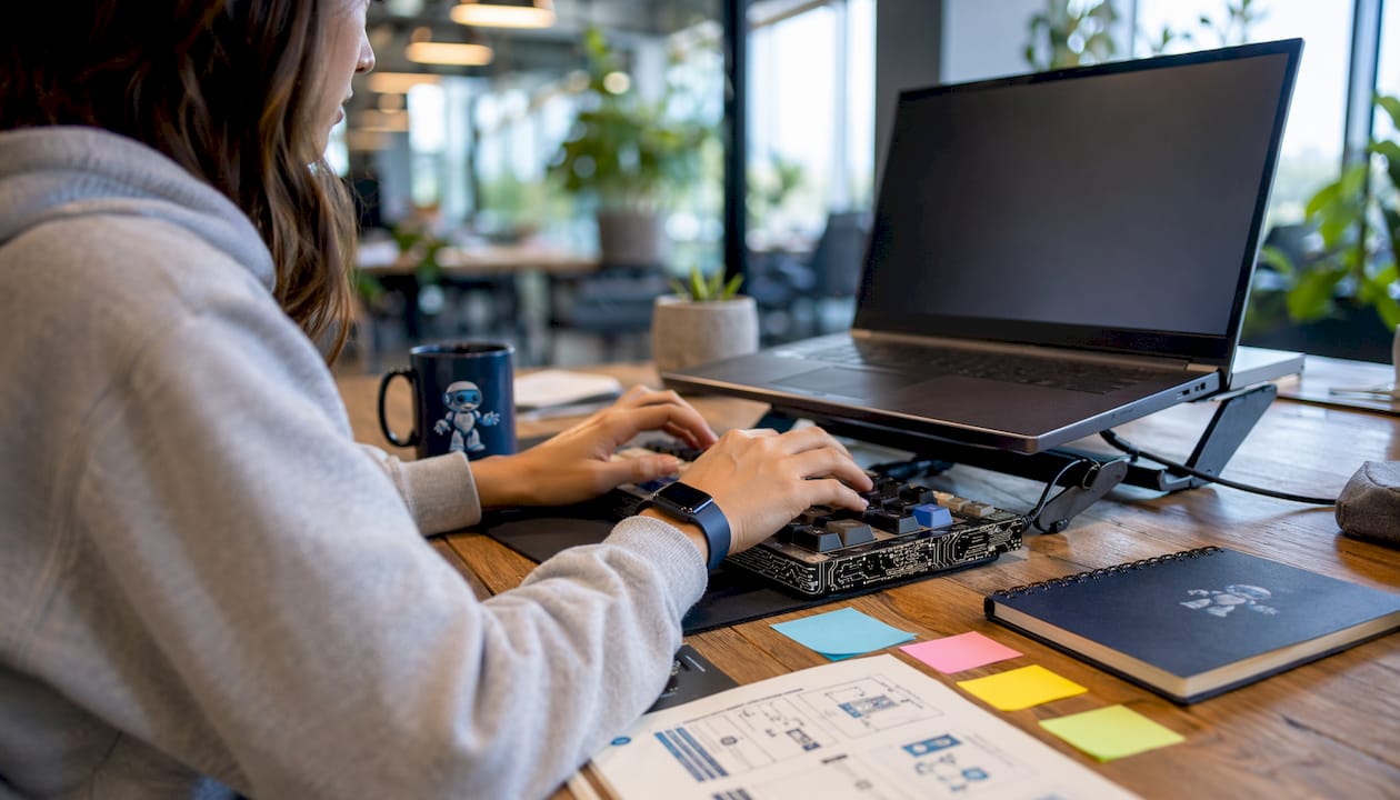 Hands typing on keyboard debugging API issues