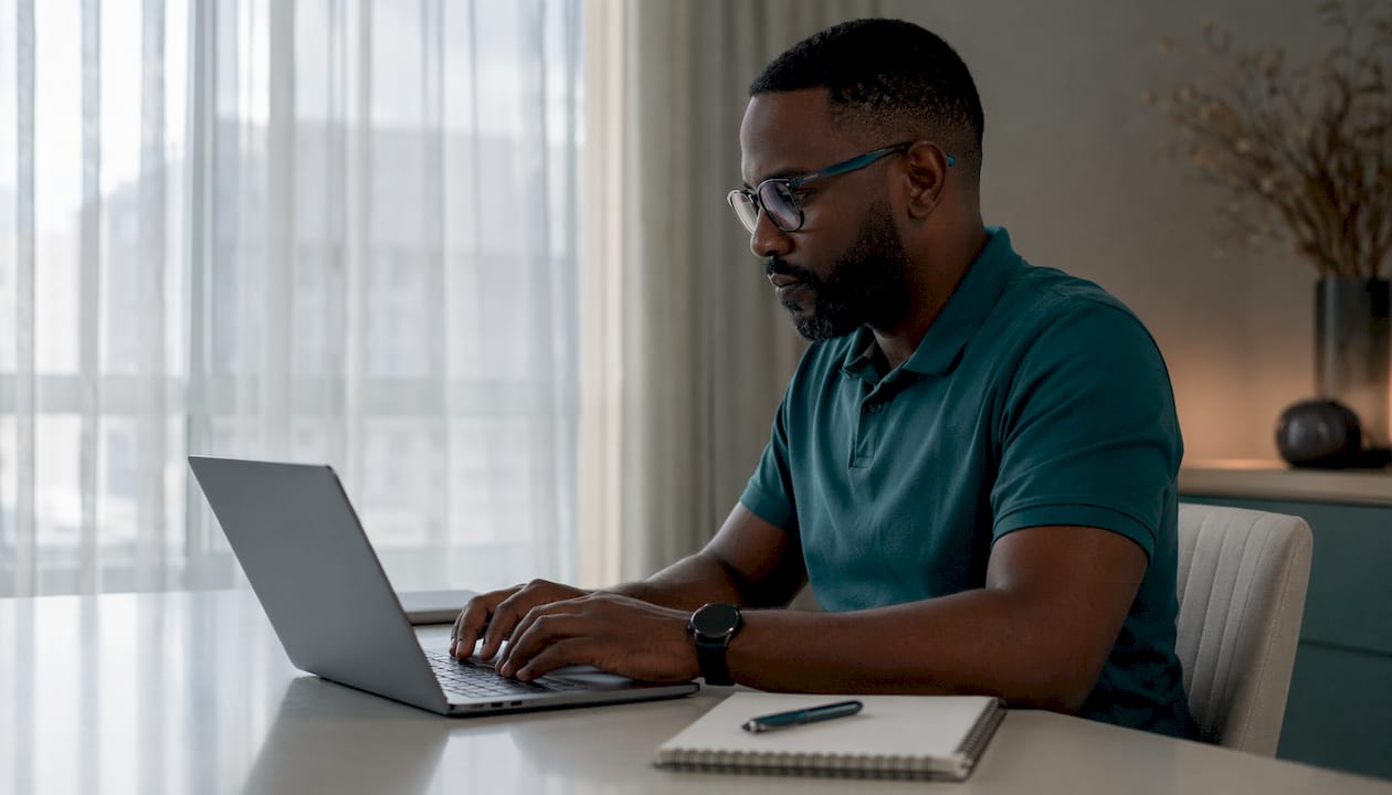 Hands typing on laptop with encryption devices